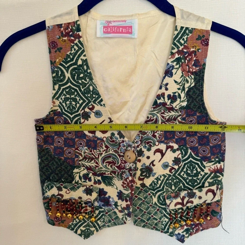 Vintage Definitely California Kids Tapestry Vest Floral Beaded Fringe Cropped